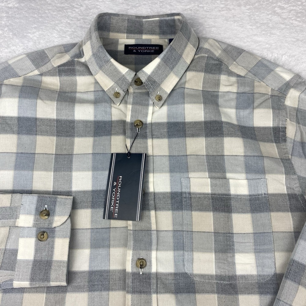 Roundtree & Yorke‎ Shirt Mens Large Blue/Cream Checks Soft Corduroy NWT!